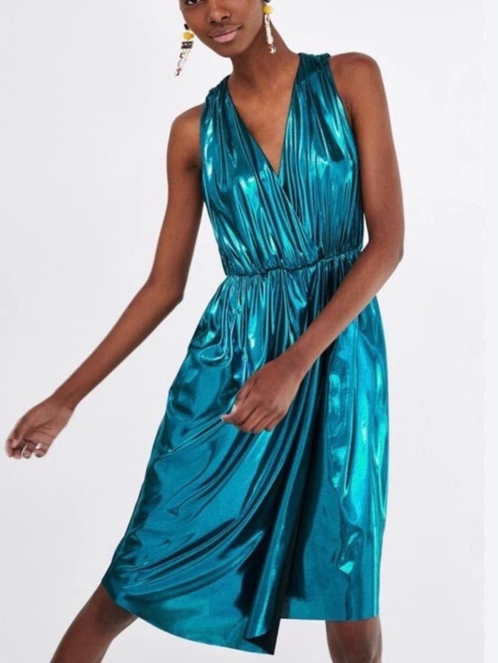 ZARA Basic M Turquoise Te Metallic Sleeveless Dress V Neck Back Tie Shiney Med